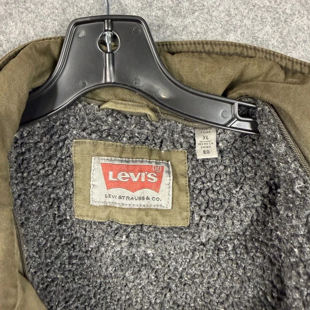 Levis Mens XL Sherpa Lined Military Field Jacket Olive Green Cotton Canvas Coat
